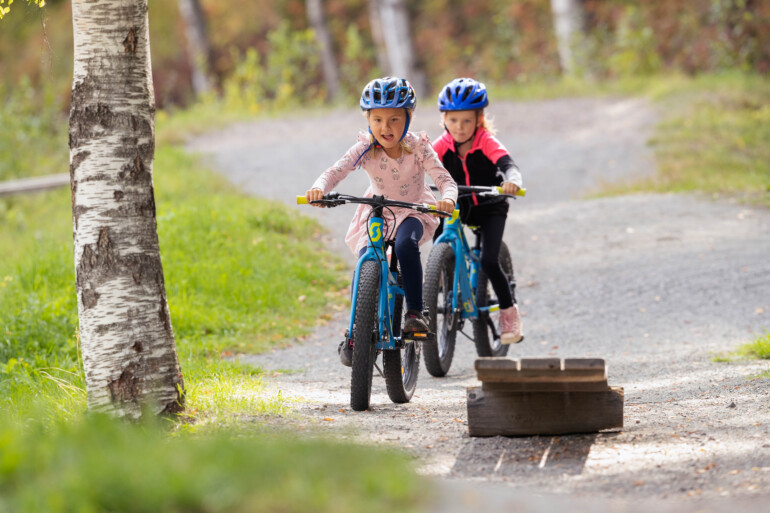 Två flickor cyklar mountainbike i skog.
