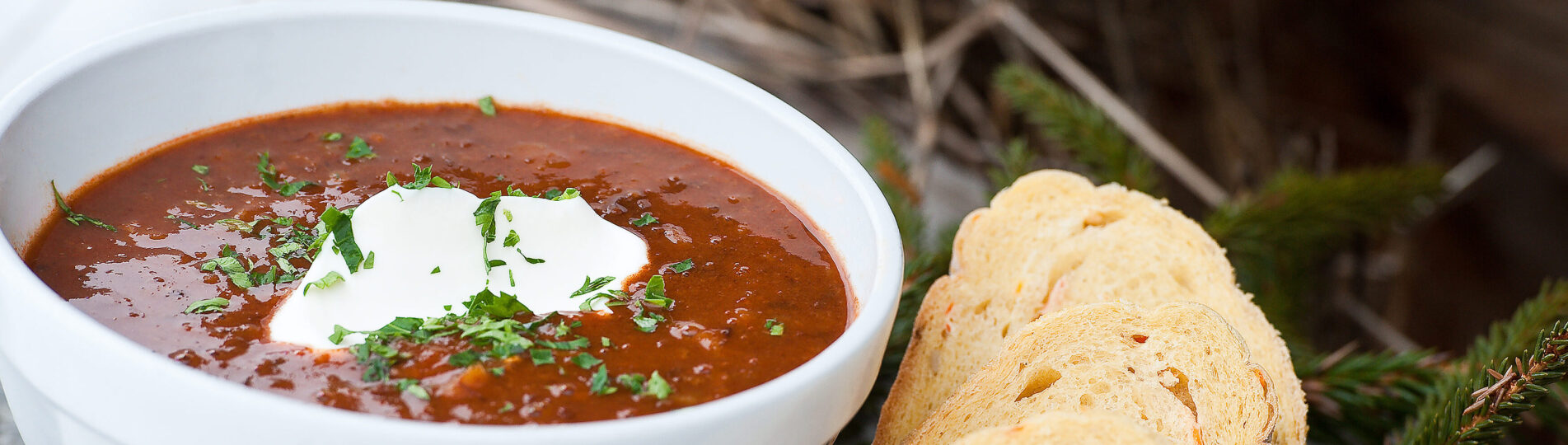 Gulaschsoppa på granbädd med bröd och creme fraiche