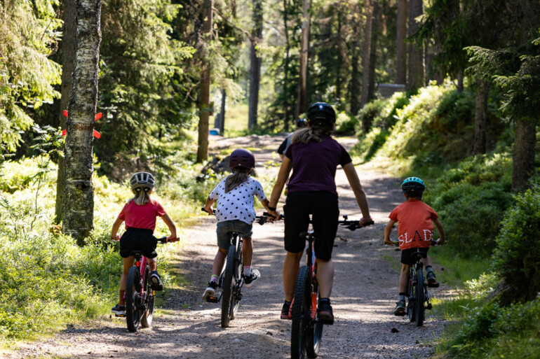 Familj på mtb tillsammans-