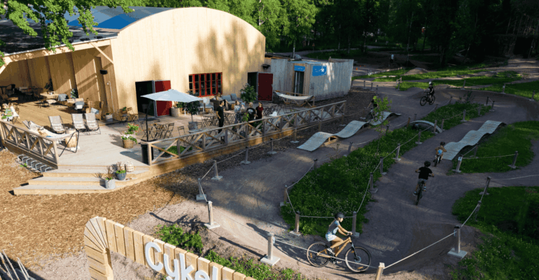 Fågelperspektiv över cykelarena och Björnens terass